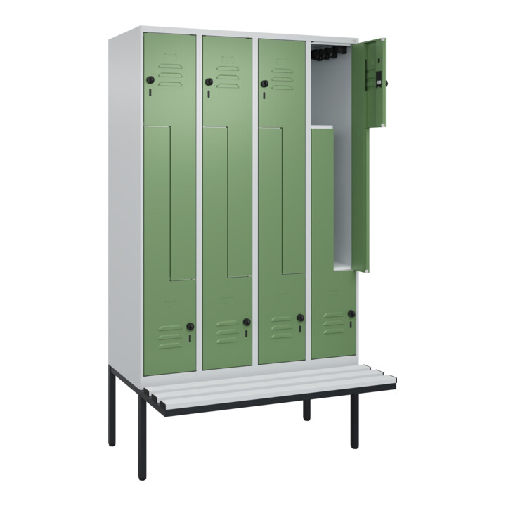 C+P Z-Spind Classic PLUS, Bank, 8 Fächer, 2120x1200x815mm, 7035/6011 Verschluss Sicherheits-Drehriegel Sitzbanktyp auskragend Material Sitzfläche Kunststoff