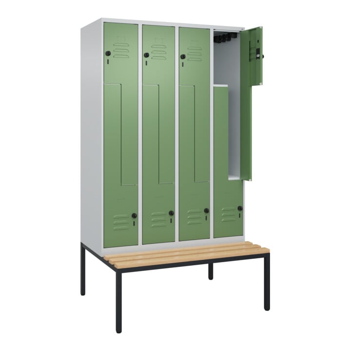 C+P Z-Spind Classic PLUS, Bank, 8 Fächer, 2120x1200x815mm, 7035/6011 Verschluss Sicherheits-Drehriegel Sitzbanktyp untergebaut Material Sitzfläche Buche-Hartholz