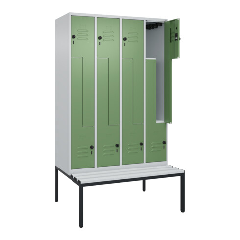 C+P Z-Spind Classic PLUS, Bank, 8 Fächer, 2120x1200x815mm, 7035/6011 Verschluss Sicherheits-Drehriegel Sitzbanktyp untergebaut Material Sitzfläche Kunststoff