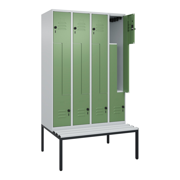 C+P Z-Spind Classic PLUS, Bank, 8 Fächer, 2120x1200x815mm, 7035/6011 Verschluss Sicherheits-Drehriegel Sitzbanktyp untergebaut Material Sitzfläche Kunststoff