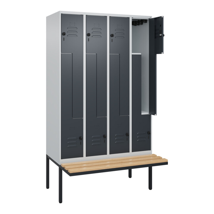 C+P Z-Spind Classic PLUS, Bank, 8 Fächer, 2120x1200x815mm, 7035/7016 Verschluss Sicherheits-Drehriegel Sitzbanktyp auskragend Material Sitzfläche Buche-Hartholz