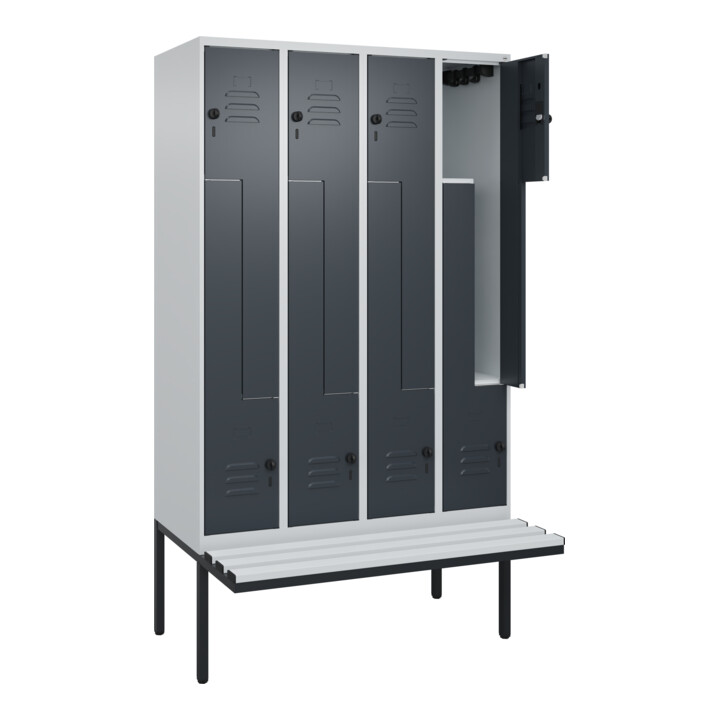 C+P Z-Spind Classic PLUS, Bank, 8 Fächer, 2120x1200x815mm, 7035/7016 Verschluss Sicherheits-Drehriegel Sitzbanktyp auskragend Material Sitzfläche Kunststoff