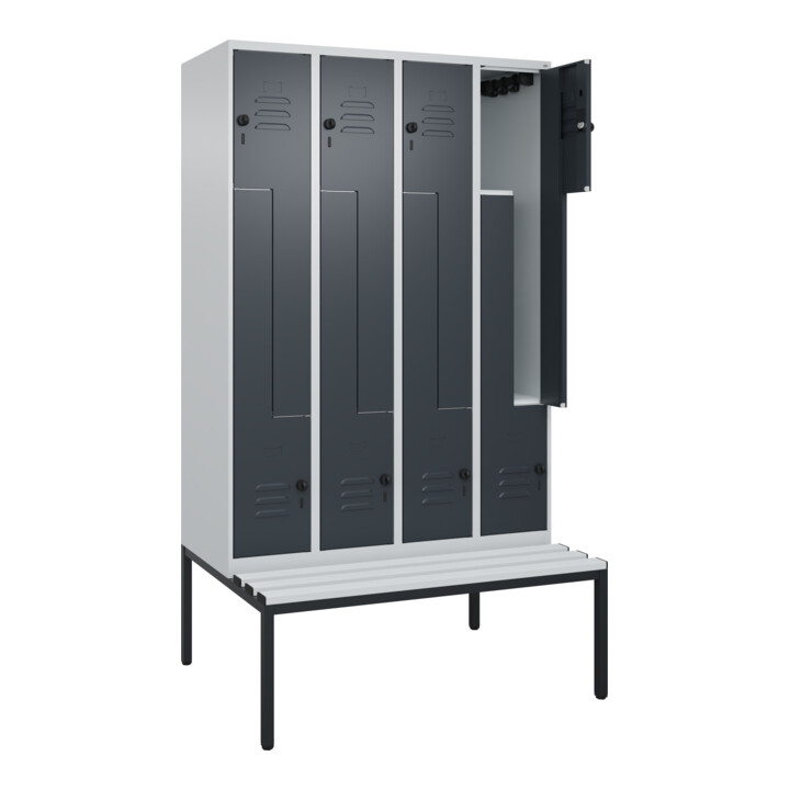 C+P Z-Spind Classic PLUS, Bank, 8 Fächer, 2120x1200x815mm, 7035/7016 Verschluss Sicherheits-Drehriegel Sitzbanktyp untergebaut Material Sitzfläche Kunststoff