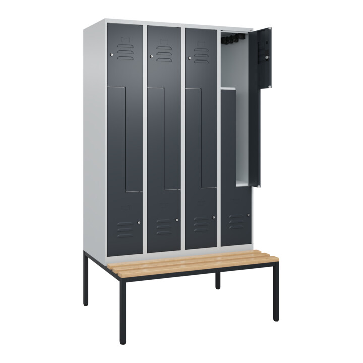 C+P Z-Spind Classic PLUS, Bank, 8 Fächer, 2120x1200x815mm, 7035/7016 Verschluss Zylinderschloss Sitzbanktyp untergebaut Material Sitzfläche Buche-Hartholz