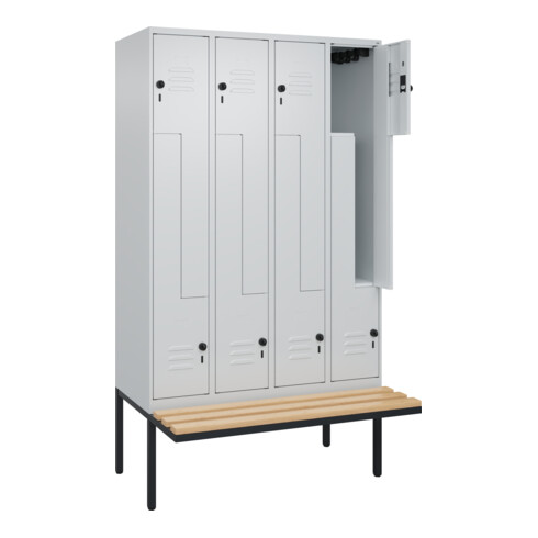 C+P Z-Spind Classic PLUS, Bank, 8 Fächer, 2120x1200x815mm, 7035/7035 Verschluss Sicherheits-Drehriegel Sitzbanktyp auskragend Material Sitzfläche Buche-Hartholz