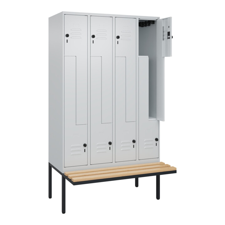 C+P Z-Spind Classic PLUS, Bank, 8 Fächer, 2120x1200x815mm, 7035/7035 Verschluss Sicherheits-Drehriegel Sitzbanktyp auskragend Material Sitzfläche Buche-Hartholz