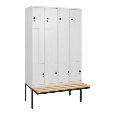C+P Z-Spind Classic PLUS, Bank, 8 Fächer, 2120x1200x815mm, 9016/9016 Verschluss Sicherheits-Drehriegel Sitzbanktyp auskragend Material Sitzfläche Buche-Hartholz