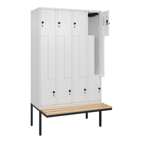 C+P Z-Spind Classic PLUS, Bank, 8 Fächer, 2120x1200x815mm, 9016/9016 Verschluss Sicherheits-Drehriegel Sitzbanktyp auskragend Material Sitzfläche Buche-Hartholz