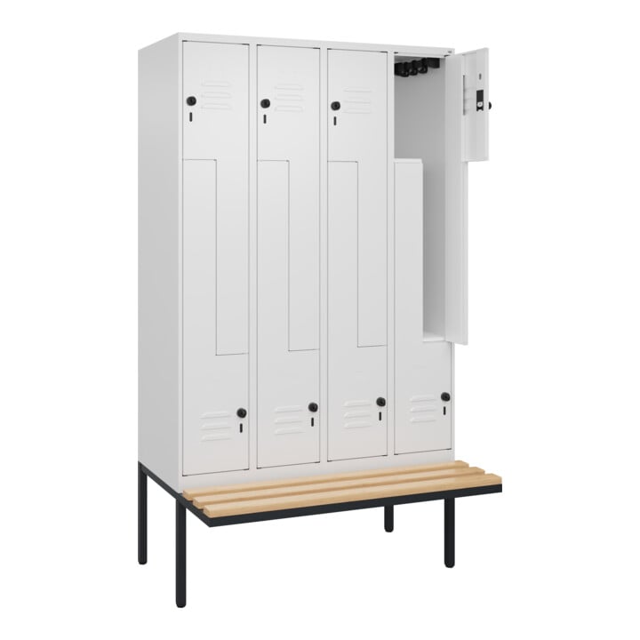 C+P Z-Spind Classic PLUS, Bank, 8 Fächer, 2120x1200x815mm, 9016/9016 Verschluss Sicherheits-Drehriegel Sitzbanktyp auskragend Material Sitzfläche Buche-Hartholz