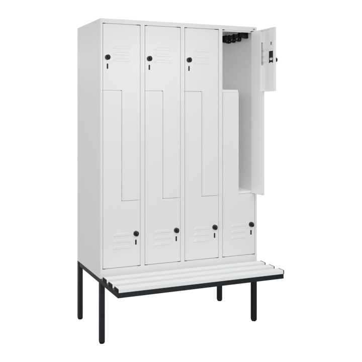 C+P Z-Spind Classic PLUS, Bank, 8 Fächer, 2120x1200x815mm, 9016/9016 Verschluss Sicherheits-Drehriegel Sitzbanktyp auskragend Material Sitzfläche Kunststoff