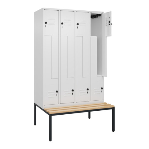 C+P Z-Spind Classic PLUS, Bank, 8 Fächer, 2120x1200x815mm, 9016/9016 Verschluss Sicherheits-Drehriegel Sitzbanktyp untergebaut Material Sitzfläche Buche-Hartholz