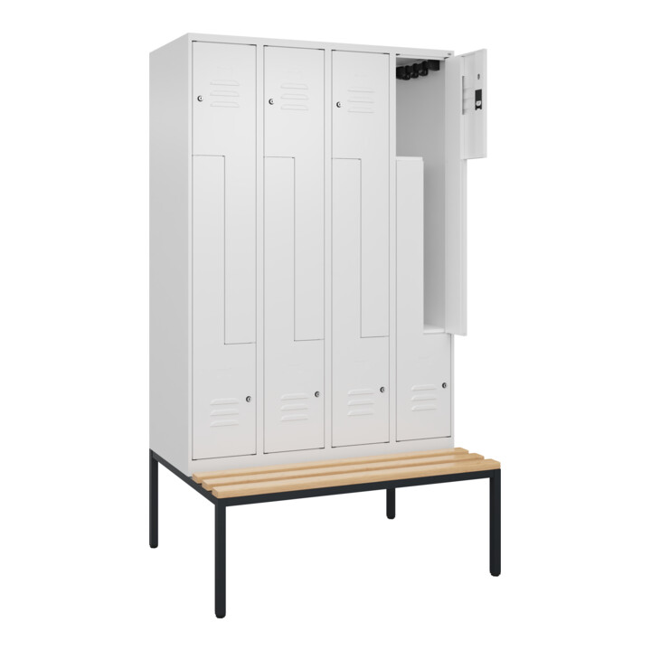 C+P Z-Spind Classic PLUS, Bank, 8 Fächer, 2120x1200x815mm, 9016/9016 Verschluss Zylinderschloss Sitzbanktyp untergebaut Material Sitzfläche Buche-Hartholz