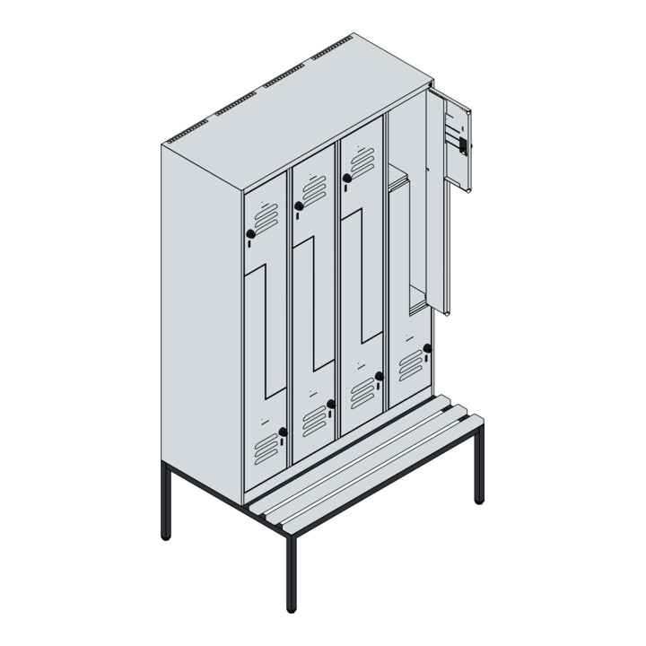 C+P Z-Spind Classic PLUS, Bank, 8 Fächer, 2120x1200x815mm, 9016/9016 Verschluss Zylinderschloss Sitzbanktyp untergebaut Material Sitzfläche Buche-Hartholz