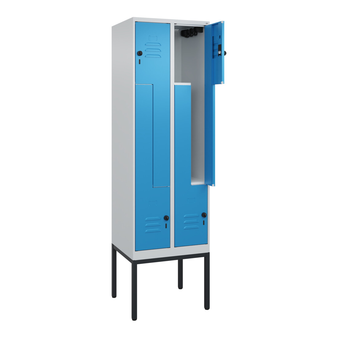 C+P Z-Spind Classic PLUS, Gestell, 4 Fächer, 2120x600x500mm, 7035/5012 Verschluss Sicherheits-Drehriegel