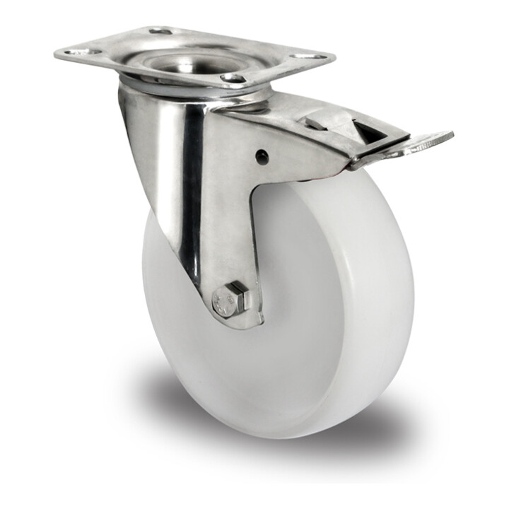 CASCOO Lenkrolle mit Totalfeststeller ø 80 mm Serie N0N0 Gleitlager Edelstahl