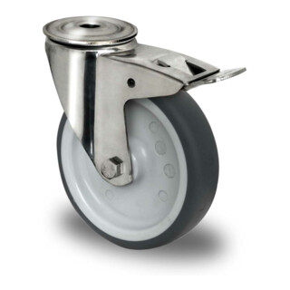 CASCOO Rückenlochlenkrolle mit Totalfeststeller ø 160 mm Serie P2V2 Gleitlager Edelstahl