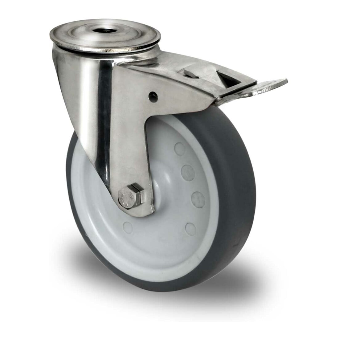 CASCOO Rückenlochlenkrolle mit Totalfeststeller ø 160 mm Serie P2V2 Gleitlager Edelstahl