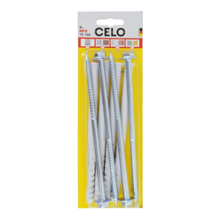 Celo Chevilles pour cadres multifonctionnelles MFR SB 10-160 SSKS, à collerette fraisée, vis à six pans avec rondelle gaufrée, galvanisé, blister