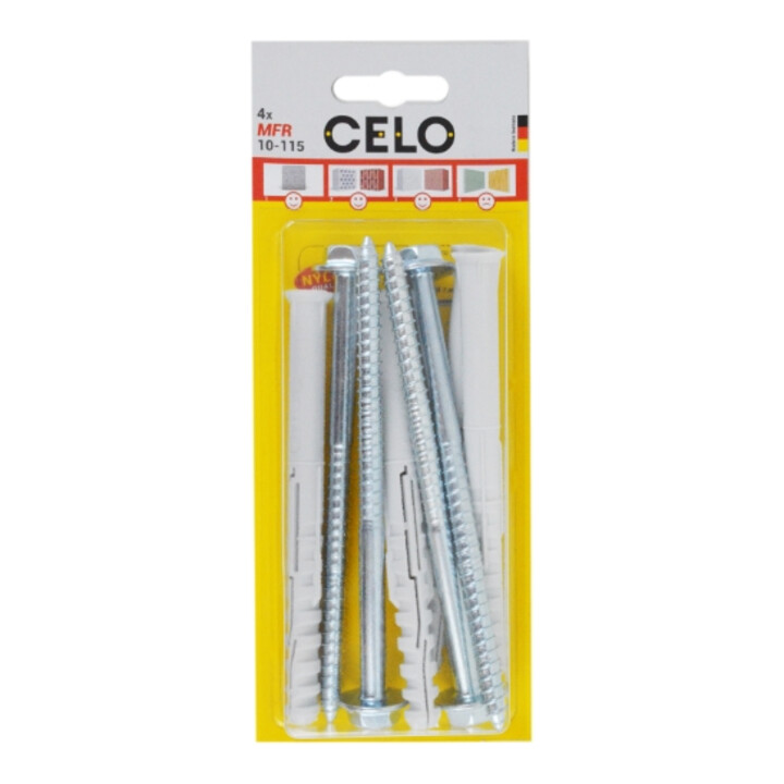 Celo Multifunktionsrahmendübel MFR SB 10-115 SSKS, Senkbund, Sechskantschr. mit angepr. Scheibe, galv. verz., Blister