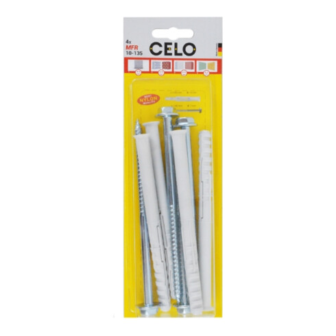 Celo Multifunktionsrahmendübel MFR SB 10-135 SSKS, Senkbund, Sechskantschr. mit angepr. Scheibe, galv. verz., Blister