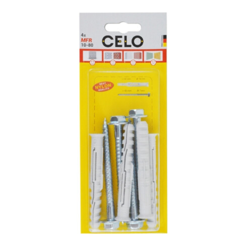 Celo Multifunktionsrahmendübel MFR SB 10-80 SSKS, Senkbund, Sechskantschr. mit angepr. Scheibe, galv. verz., Blister