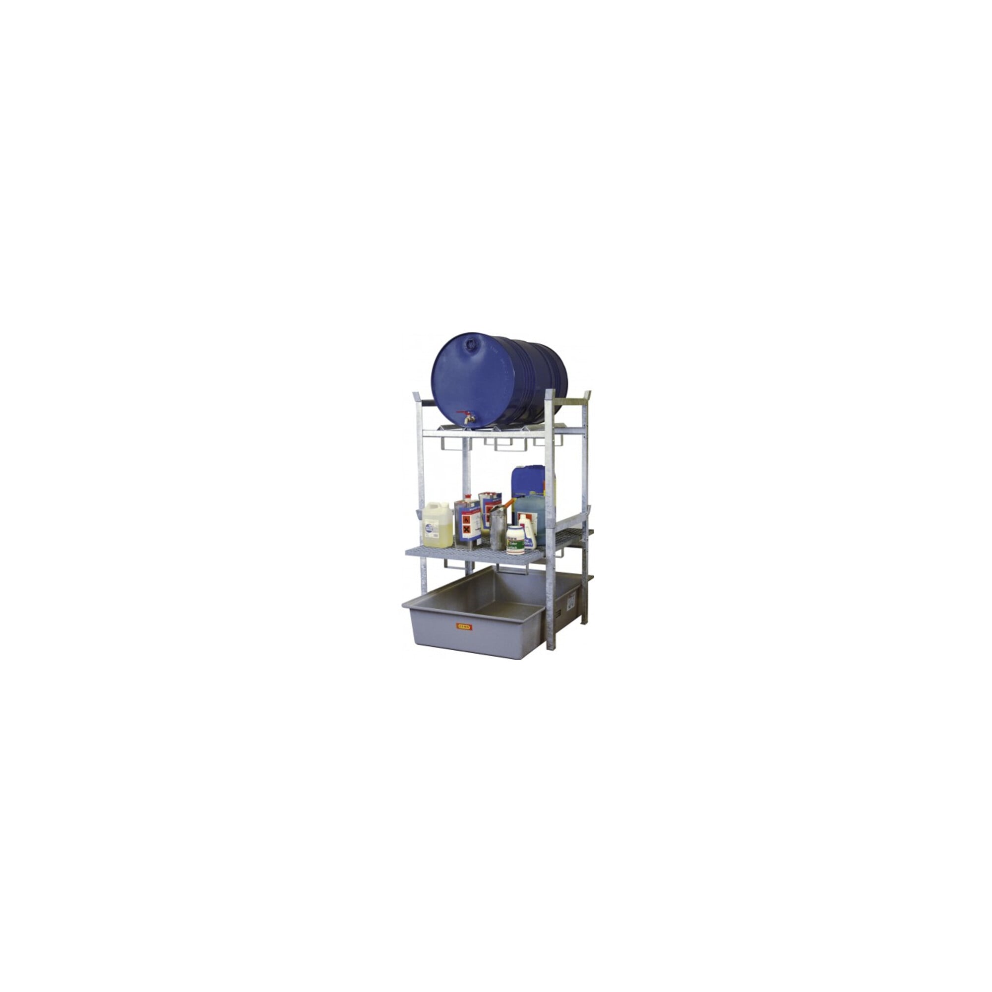 CEMO Fassregal Typ 400 + Fassauflage 2 x 60 l Fass + GFK-Auffangwanne 200 l