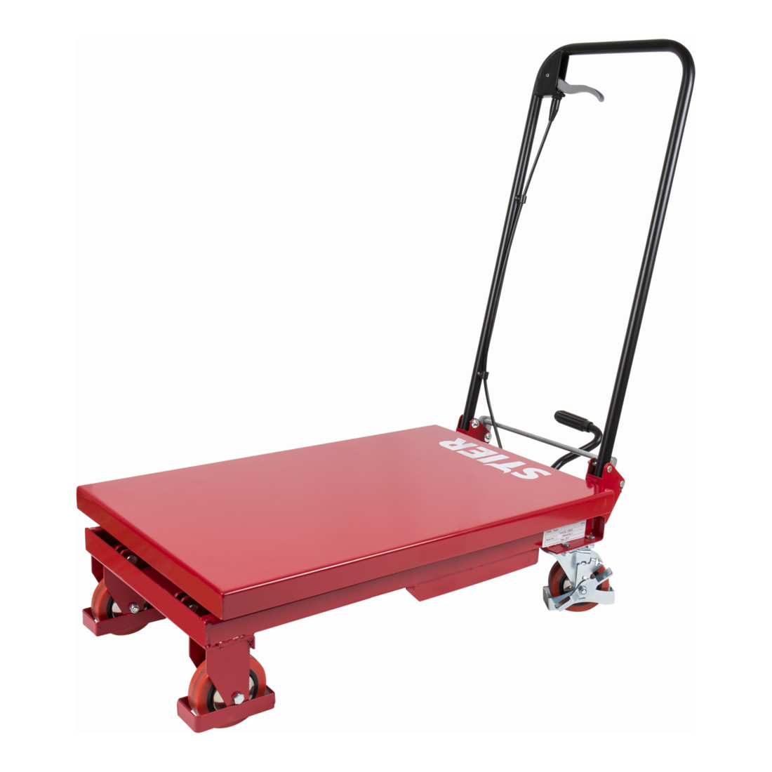 Chariot à ciseaux à plate-forme élévatrice STIER, capacité de charge 150 kg, avec poignée repliable