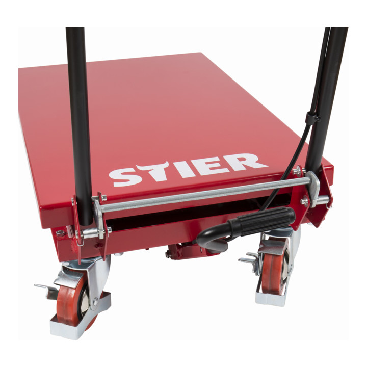 Chariot à ciseaux à plate-forme élévatrice STIER, capacité de charge 150 kg, avec poignée repliable