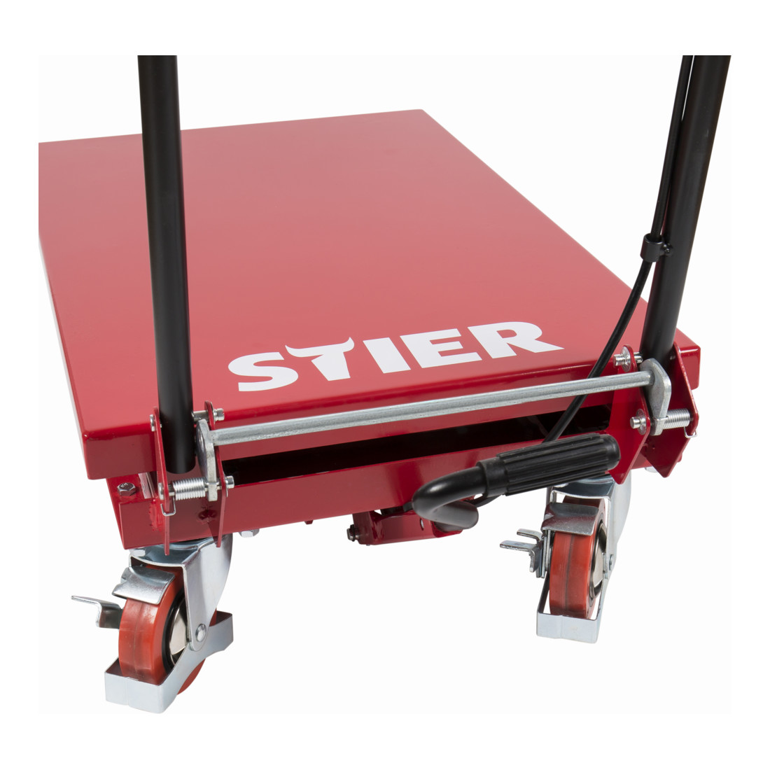Chariot à ciseaux à plate-forme élévatrice STIER, capacité de charge 150 kg, avec poignée repliable