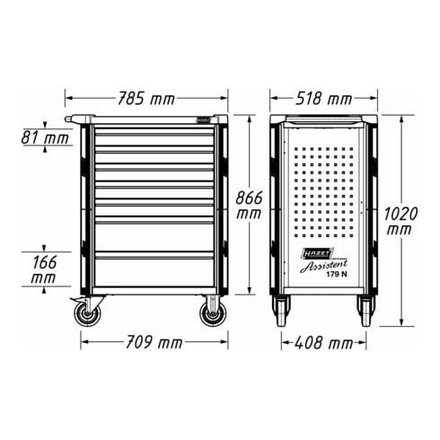 Chariot d'atelier Assistant 179NX-7/70KV Tiroirs, plats : 5 x 81 x 522 x 398 mm Tiroirs, hauts : 2 x 166 x 522 x 398 mm Nombre d'outils : 70 HAZET