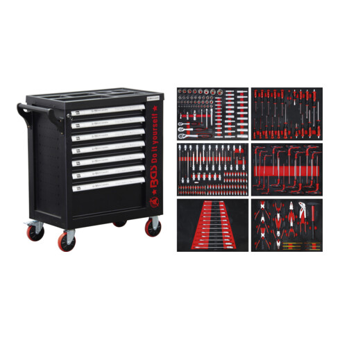 Chariot d'atelier BGS 7 tiroirs 1 porte latérale avec 250 outils 6058