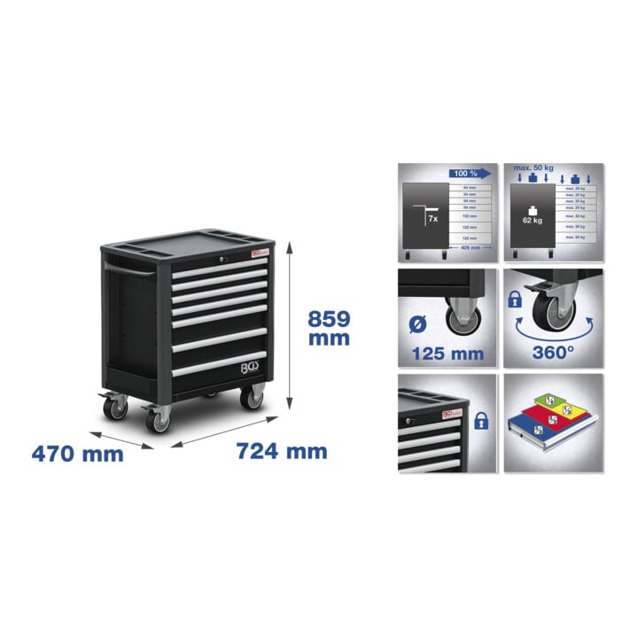 Chariot d'atelier BGS 7 tiroirs extra bas avec 209 outils