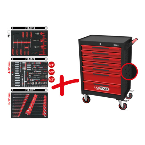 Chariot d'atelier KS Tools ECOline NOIR/ROUGE avec 7 tiroirs et 215 outils de qualité