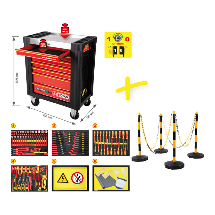 Chariot d’atelier PERFORMANCEplus e10 KS Tools avec 164 outils isolés pour véhicules électriques et hybrides