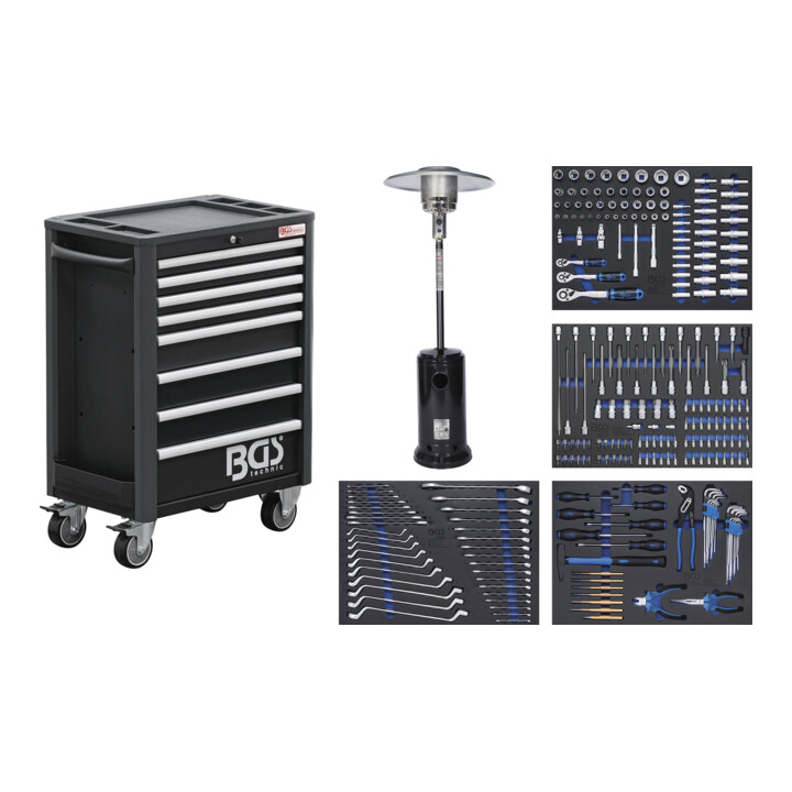 Chariot d'atelier Profi Exclusive BGS 8 tiroirs avec 255 outils + 1 chauffage à gaz 4208
