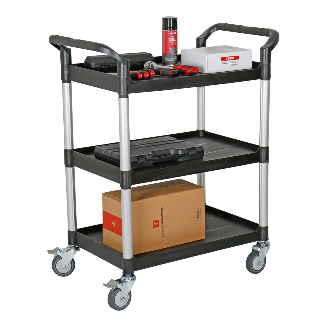 Chariot de service STIER à 3 étagères, 850 mm de long x 480 mm de large x 1000 mm de haut