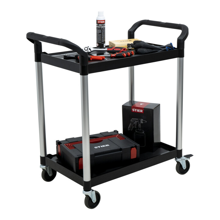 Chariot de service STIER avec 2 étagères, 750 mm de longueur x 460 mm de largeur x 825 mm de hauteur