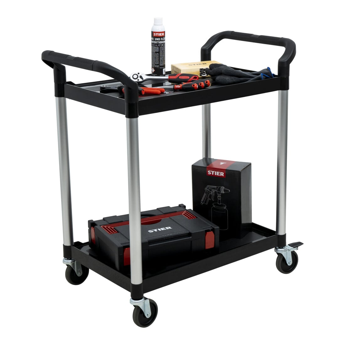 Chariot de service STIER avec 2 étagères, 750 mm de longueur x 460 mm de largeur x 825 mm de hauteur