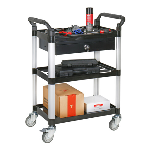 Chariot de service STIER avec 3 étagères et un tiroir, 750 mm de long x 460 mm de large x 980 mm de haut