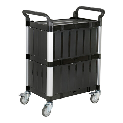 Chariot de service STIER avec 3 étagères, murs et portes à charnières, 750 mm de longueur x 460 mm de largeur x 980 mm de hauteur