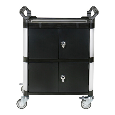 Chariot de service STIER avec 3 étagères, murs et portes à charnières, 750 mm de longueur x 460 mm de largeur x 980 mm de hauteur