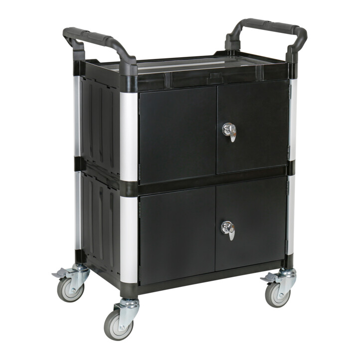 Chariot de service STIER avec 3 étagères, murs et portes à charnières, 750 mm de longueur x 460 mm de largeur x 980 mm de hauteur