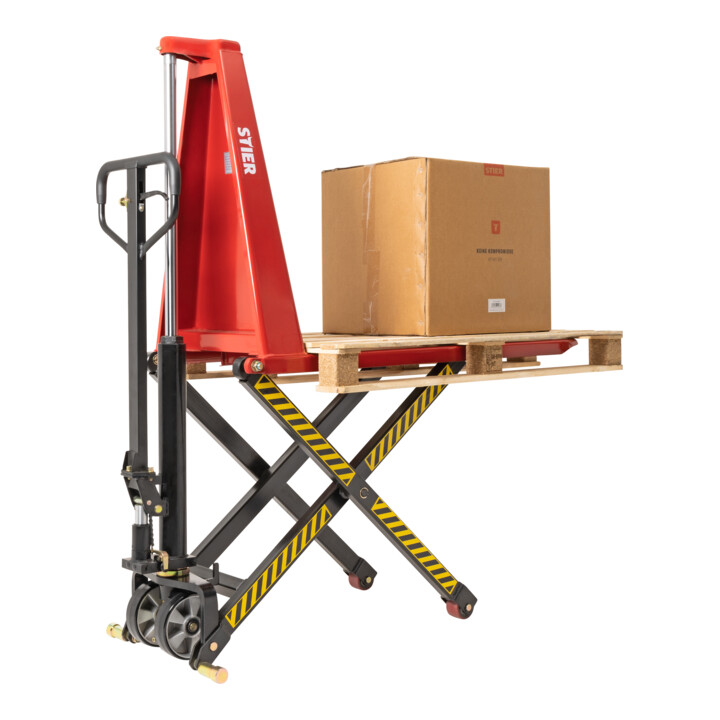 Chariot élévateur à ciseaux STIER, capacité de charge 1 000 kg, hauteur de levée 800 mm avec système Quicklift manuel