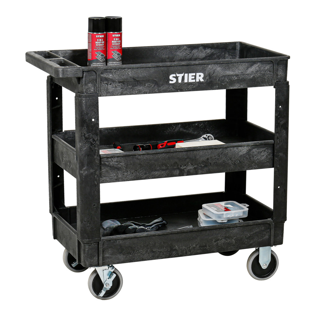 Chariot polyvalent en plastique STIER avec 3 plateaux, 250 kg, LxlxH 870x430x850 mm