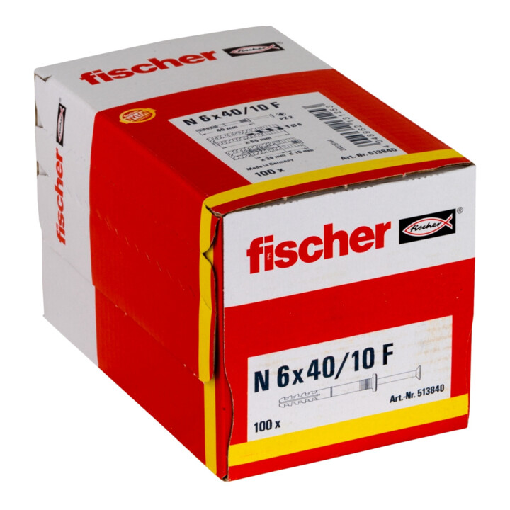 Cheville à frapper N 6 x 40/10 F (100) avec collerette épaisse et clou tête fraisée Fischer