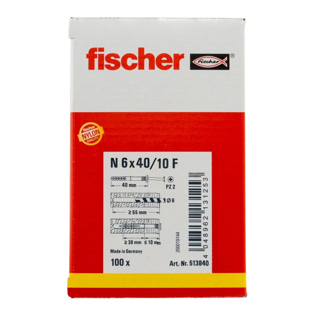 Cheville à frapper N 6 x 40/10 F (100) avec collerette épaisse et clou tête fraisée Fischer