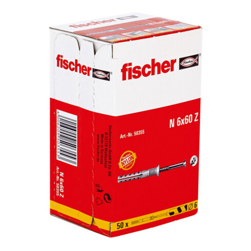 Cheville à frapper N 6 x 60/30 S à collerette fraisée et clou en acier électrozingué fischer