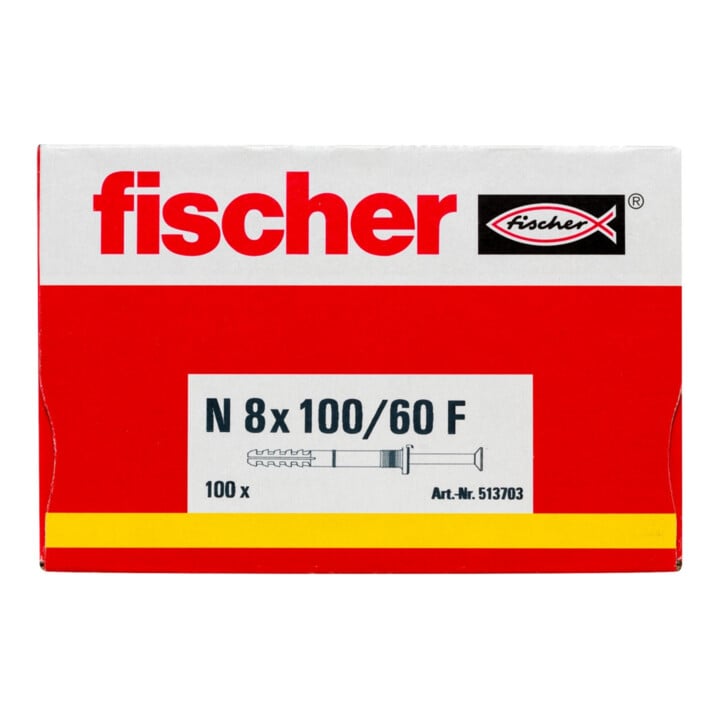 Cheville à frapper N 8 x 100/60 F (100) avec collerette épaisse et clou tête fraisée fischer