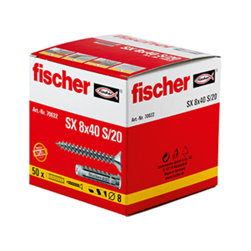 Cheville nylon avec collerette fischer SX 8 x 40 S/20 avec vis fischer