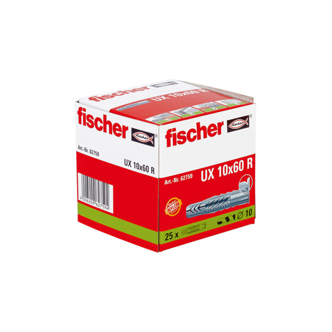 Cheville universelle fischer UX 10 x 60 R S avec collerette in carton